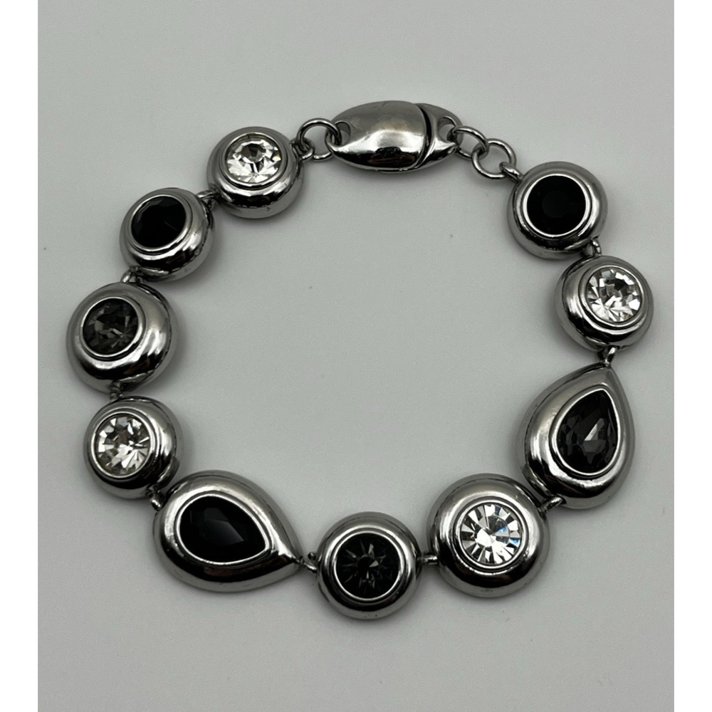Silver Tone Black & Clear Rhinestone Teardrop Round Link Station Bracelet 7.5"